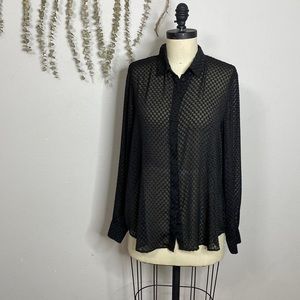 Black sheer button up with velvet checker detail